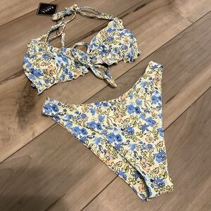 Floral Bikini Set with Blue and Yellow Flowers